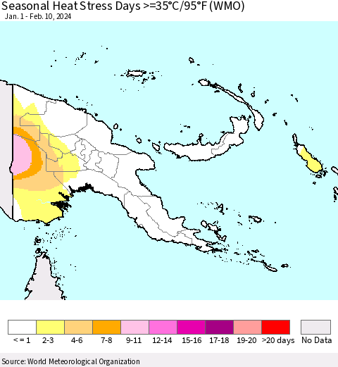 Papua New Guinea Seasonal Heat Stress Days >=35°C/95°F (WMO) Thematic Map For 1/1/2024 - 2/10/2024