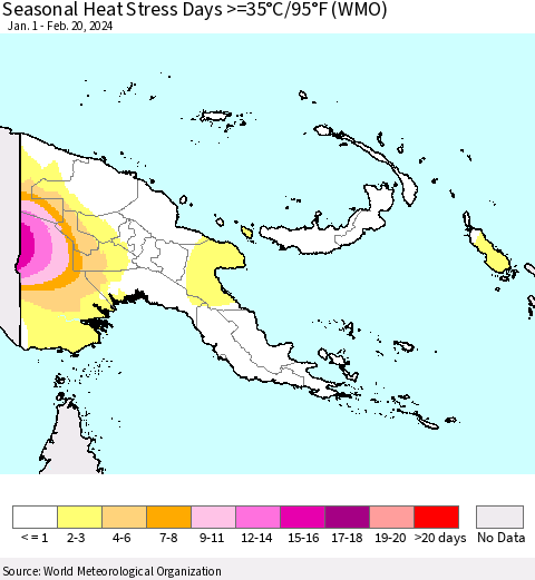 Papua New Guinea Seasonal Heat Stress Days >=35°C/95°F (WMO) Thematic Map For 1/1/2024 - 2/20/2024