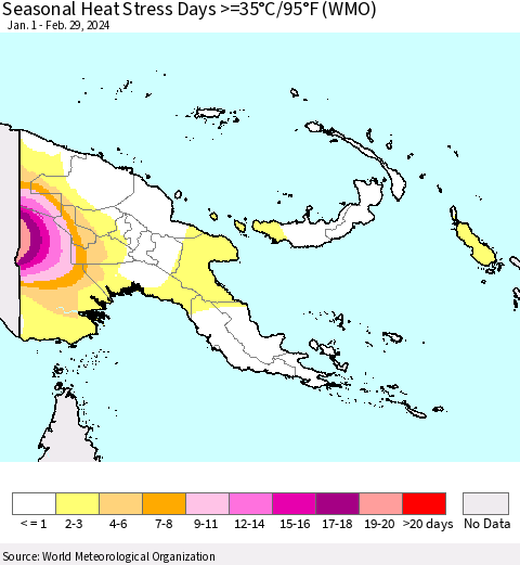 Papua New Guinea Seasonal Heat Stress Days >=35°C/95°F (WMO) Thematic Map For 1/1/2024 - 2/29/2024