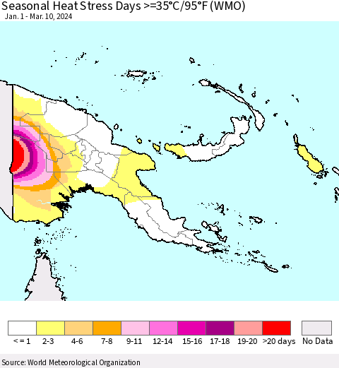Papua New Guinea Seasonal Heat Stress Days >=35°C/95°F (WMO) Thematic Map For 1/1/2024 - 3/10/2024