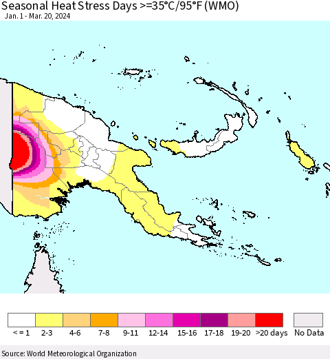 Papua New Guinea Seasonal Heat Stress Days >=35°C/95°F (WMO) Thematic Map For 1/1/2024 - 3/20/2024