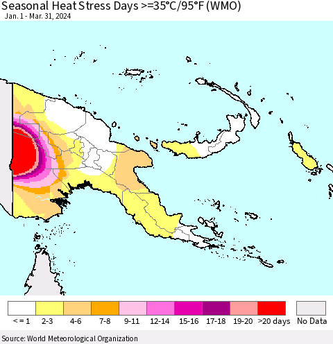 Papua New Guinea Seasonal Heat Stress Days >=35°C/95°F (WMO) Thematic Map For 1/1/2024 - 3/31/2024