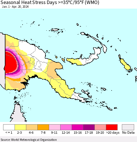 Papua New Guinea Seasonal Heat Stress Days >=35°C/95°F (WMO) Thematic Map For 1/1/2024 - 4/20/2024