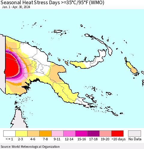 Papua New Guinea Seasonal Heat Stress Days >=35°C/95°F (WMO) Thematic Map For 1/1/2024 - 4/30/2024