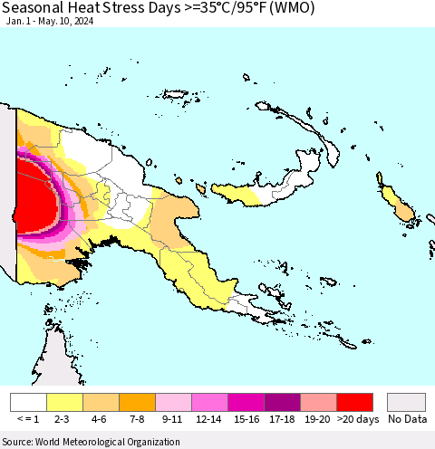 Papua New Guinea Seasonal Heat Stress Days >=35°C/95°F (WMO) Thematic Map For 1/1/2024 - 5/10/2024