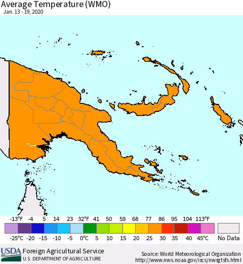 Papua New Guinea Average Temperature (WMO) Thematic Map For 1/13/2020 - 1/19/2020