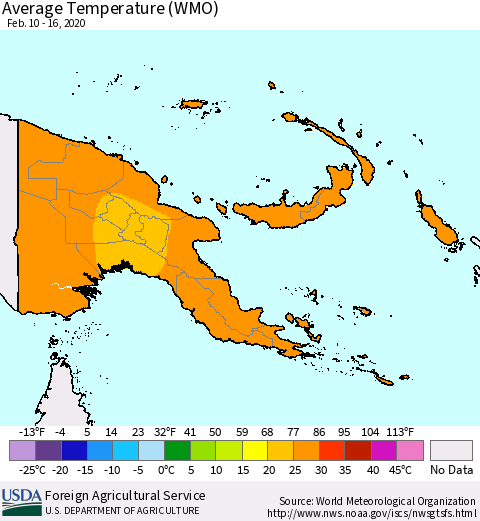 Papua New Guinea Average Temperature (WMO) Thematic Map For 2/10/2020 - 2/16/2020