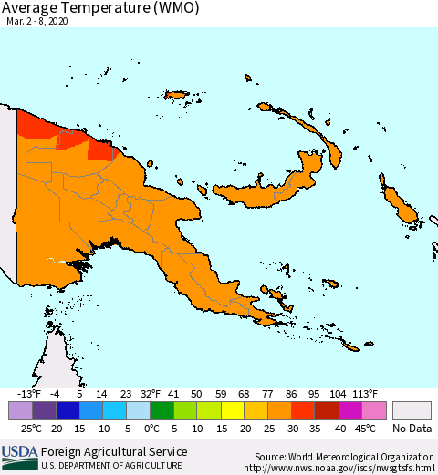 Papua New Guinea Average Temperature (WMO) Thematic Map For 3/2/2020 - 3/8/2020