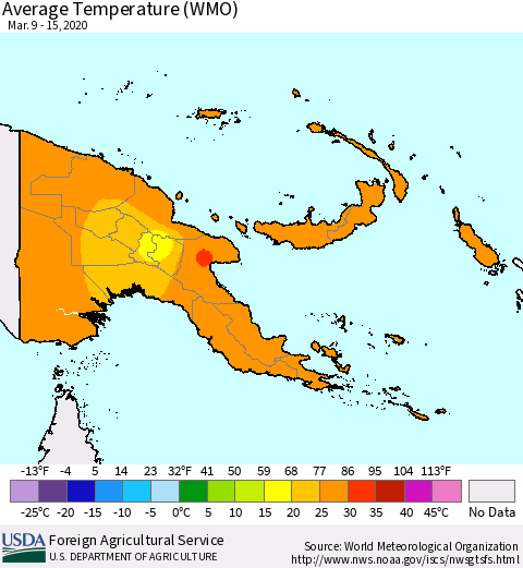 Papua New Guinea Average Temperature (WMO) Thematic Map For 3/9/2020 - 3/15/2020