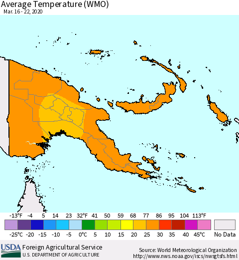 Papua New Guinea Average Temperature (WMO) Thematic Map For 3/16/2020 - 3/22/2020