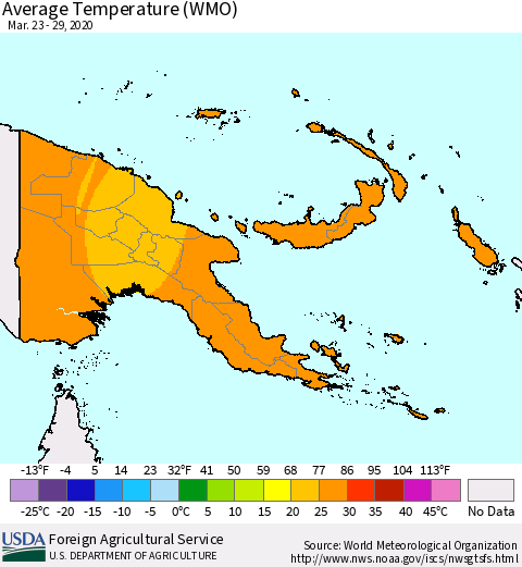 Papua New Guinea Average Temperature (WMO) Thematic Map For 3/23/2020 - 3/29/2020