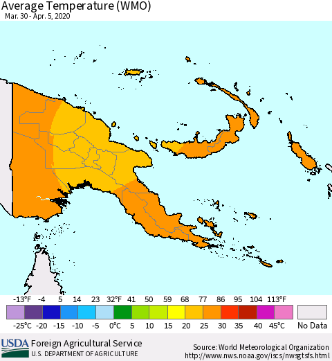 Papua New Guinea Average Temperature (WMO) Thematic Map For 3/30/2020 - 4/5/2020