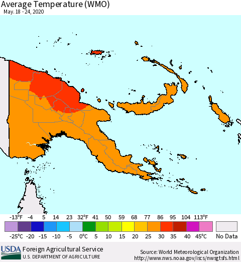 Papua New Guinea Average Temperature (WMO) Thematic Map For 5/18/2020 - 5/24/2020