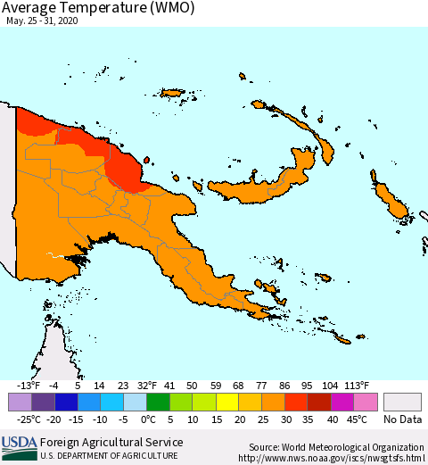 Papua New Guinea Average Temperature (WMO) Thematic Map For 5/25/2020 - 5/31/2020