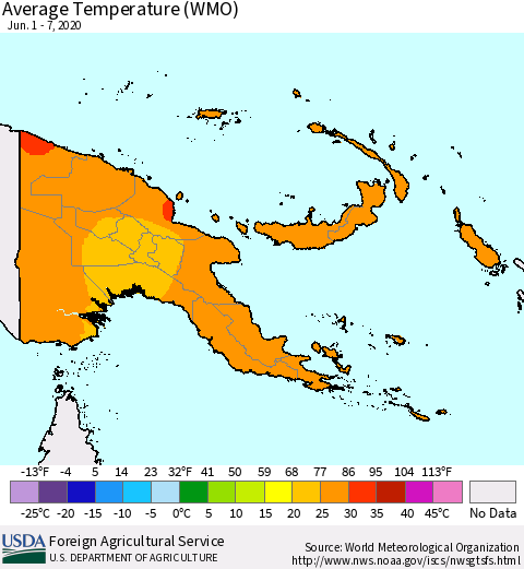 Papua New Guinea Average Temperature (WMO) Thematic Map For 6/1/2020 - 6/7/2020