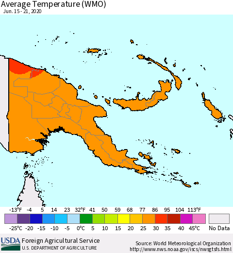 Papua New Guinea Average Temperature (WMO) Thematic Map For 6/15/2020 - 6/21/2020