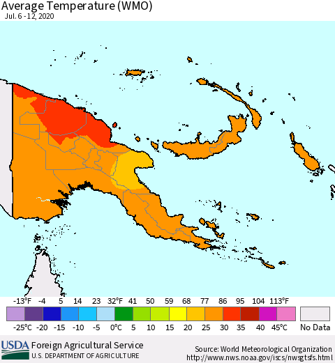 Papua New Guinea Average Temperature (WMO) Thematic Map For 7/6/2020 - 7/12/2020
