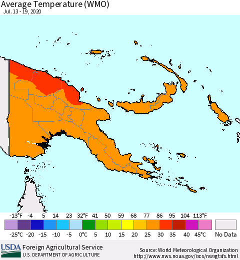 Papua New Guinea Average Temperature (WMO) Thematic Map For 7/13/2020 - 7/19/2020