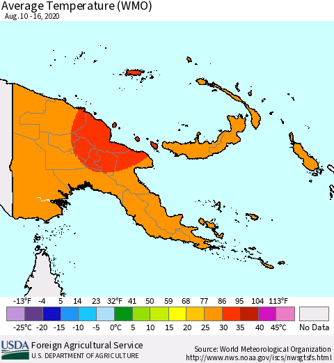 Papua New Guinea Average Temperature (WMO) Thematic Map For 8/10/2020 - 8/16/2020