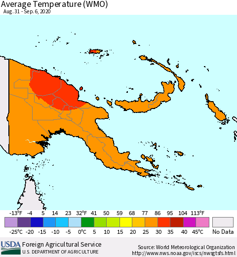 Papua New Guinea Average Temperature (WMO) Thematic Map For 8/31/2020 - 9/6/2020