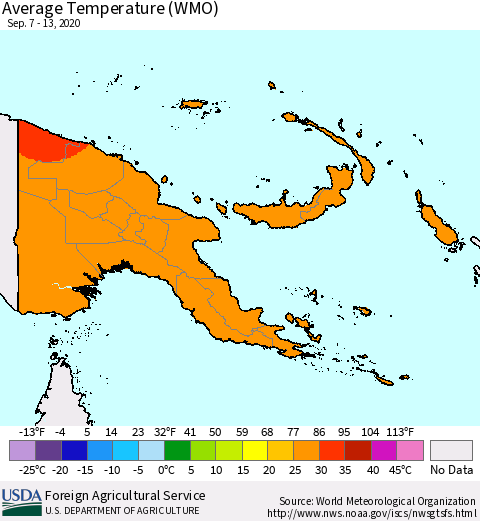 Papua New Guinea Average Temperature (WMO) Thematic Map For 9/7/2020 - 9/13/2020