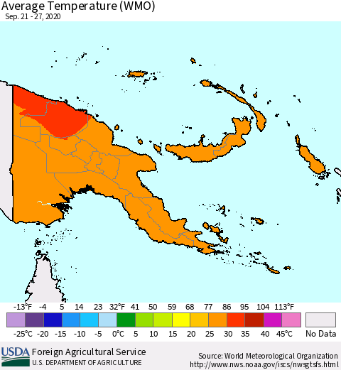 Papua New Guinea Average Temperature (WMO) Thematic Map For 9/21/2020 - 9/27/2020