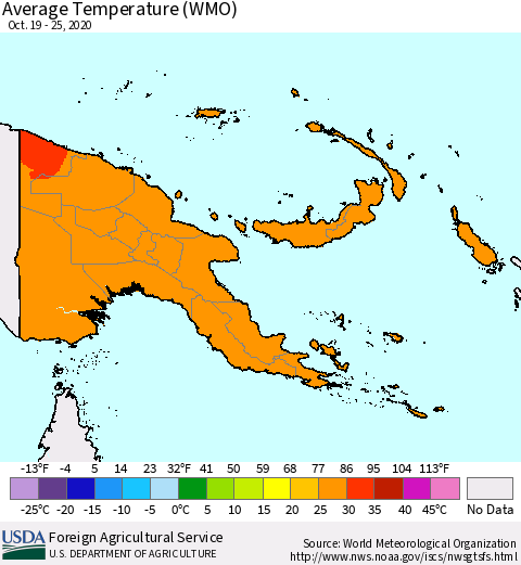 Papua New Guinea Average Temperature (WMO) Thematic Map For 10/19/2020 - 10/25/2020