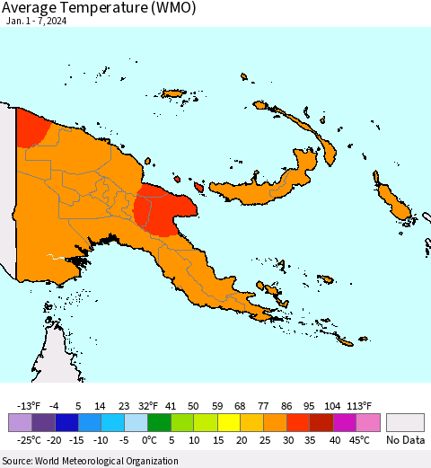 Papua New Guinea Average Temperature (WMO) Thematic Map For 1/1/2024 - 1/7/2024