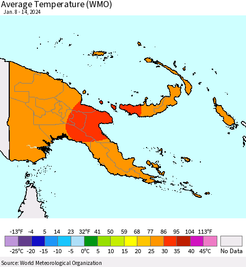 Papua New Guinea Average Temperature (WMO) Thematic Map For 1/8/2024 - 1/14/2024