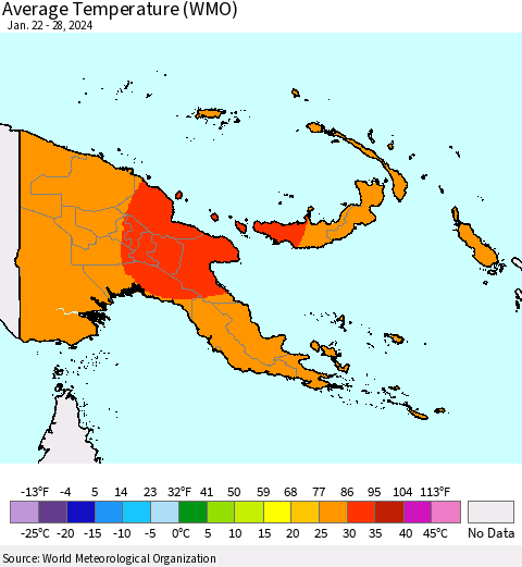 Papua New Guinea Average Temperature (WMO) Thematic Map For 1/22/2024 - 1/28/2024