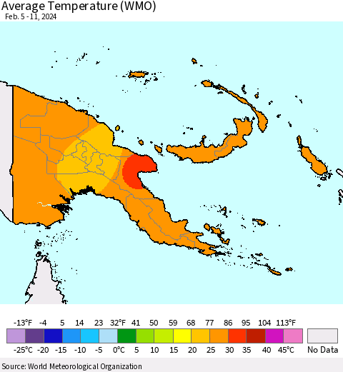 Papua New Guinea Average Temperature (WMO) Thematic Map For 2/5/2024 - 2/11/2024