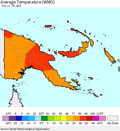 Papua New Guinea Average Temperature (WMO) Thematic Map For 2/12/2024 - 2/18/2024