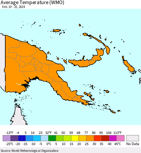 Papua New Guinea Average Temperature (WMO) Thematic Map For 2/19/2024 - 2/25/2024