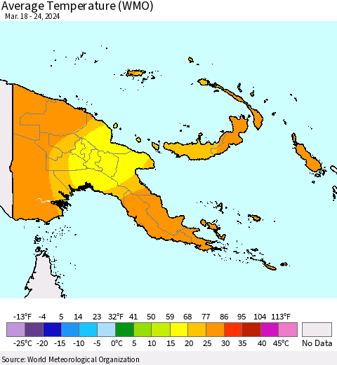 Papua New Guinea Average Temperature (WMO) Thematic Map For 3/18/2024 - 3/24/2024