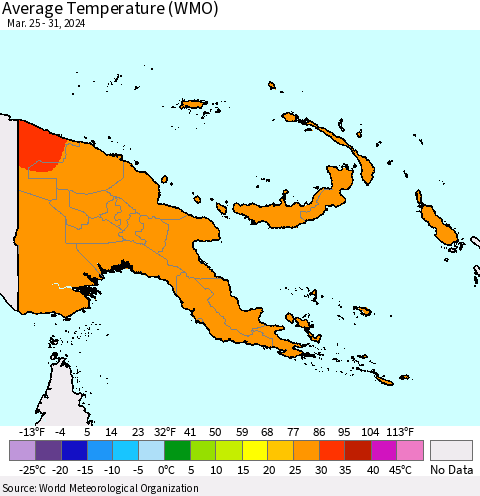 Papua New Guinea Average Temperature (WMO) Thematic Map For 3/25/2024 - 3/31/2024