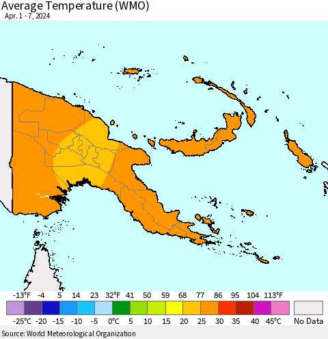 Papua New Guinea Average Temperature (WMO) Thematic Map For 4/1/2024 - 4/7/2024