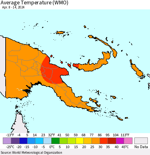 Papua New Guinea Average Temperature (WMO) Thematic Map For 4/8/2024 - 4/14/2024