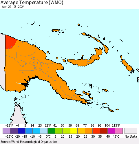 Papua New Guinea Average Temperature (WMO) Thematic Map For 4/22/2024 - 4/28/2024