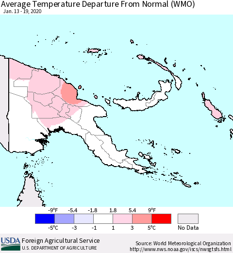 Papua New Guinea Average Temperature Departure from Normal (WMO) Thematic Map For 1/13/2020 - 1/19/2020