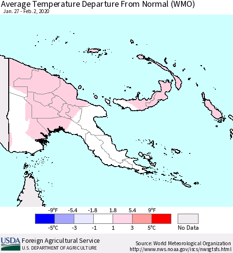 Papua New Guinea Average Temperature Departure from Normal (WMO) Thematic Map For 1/27/2020 - 2/2/2020