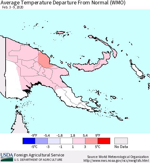 Papua New Guinea Average Temperature Departure from Normal (WMO) Thematic Map For 2/3/2020 - 2/9/2020