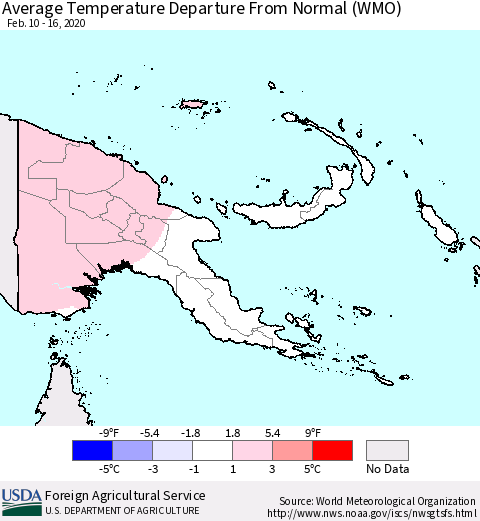 Papua New Guinea Average Temperature Departure from Normal (WMO) Thematic Map For 2/10/2020 - 2/16/2020