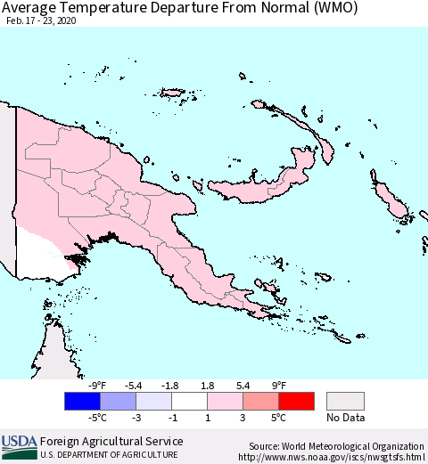 Papua New Guinea Average Temperature Departure from Normal (WMO) Thematic Map For 2/17/2020 - 2/23/2020