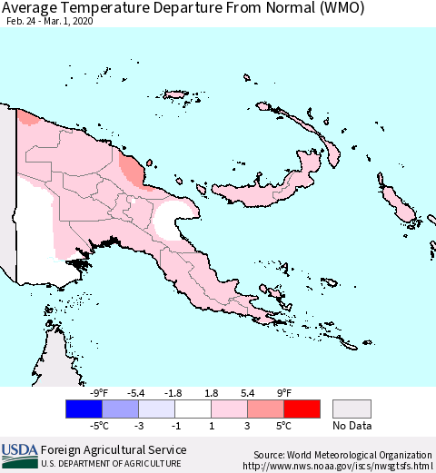 Papua New Guinea Average Temperature Departure from Normal (WMO) Thematic Map For 2/24/2020 - 3/1/2020