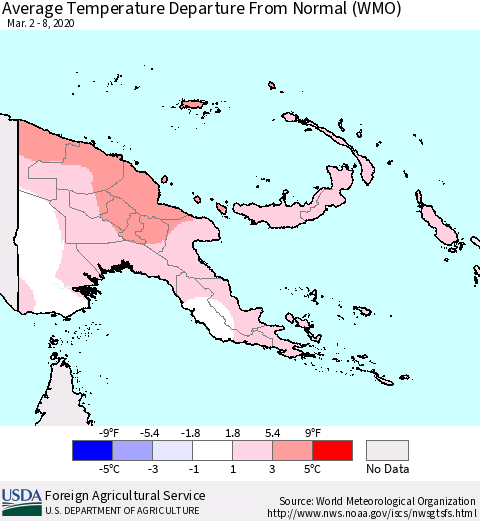 Papua New Guinea Average Temperature Departure from Normal (WMO) Thematic Map For 3/2/2020 - 3/8/2020