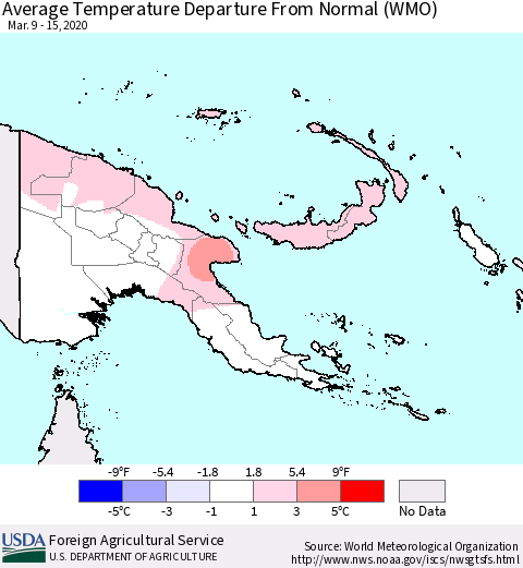 Papua New Guinea Average Temperature Departure from Normal (WMO) Thematic Map For 3/9/2020 - 3/15/2020