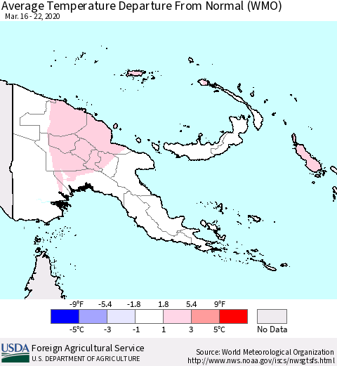 Papua New Guinea Average Temperature Departure from Normal (WMO) Thematic Map For 3/16/2020 - 3/22/2020