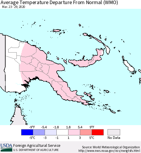Papua New Guinea Average Temperature Departure from Normal (WMO) Thematic Map For 3/23/2020 - 3/29/2020
