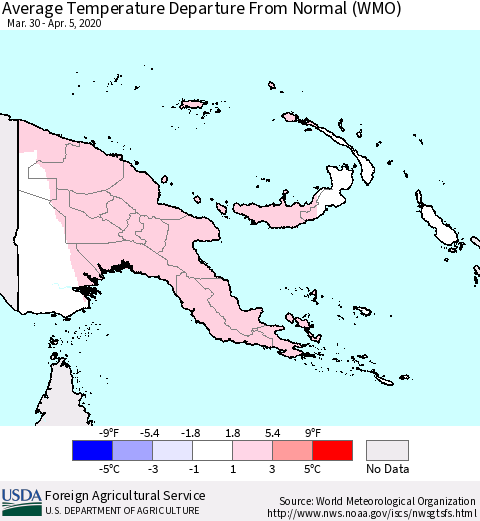 Papua New Guinea Average Temperature Departure from Normal (WMO) Thematic Map For 3/30/2020 - 4/5/2020