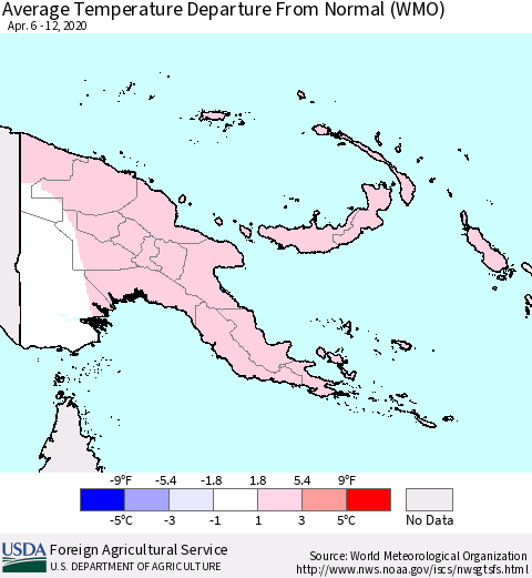 Papua New Guinea Average Temperature Departure from Normal (WMO) Thematic Map For 4/6/2020 - 4/12/2020